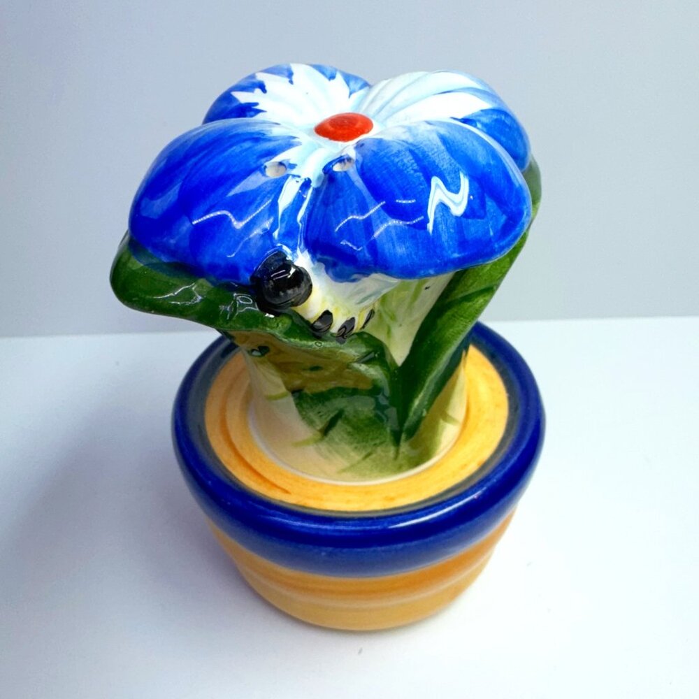 Blue Flower Salt and Pepper Shakers in a Pot Plant Spring
